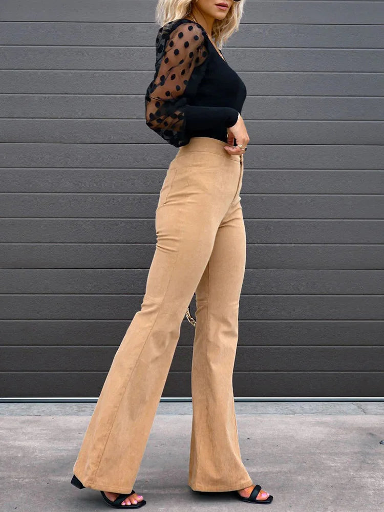 High Waist Corduroy Flared Trousers - Retro Style