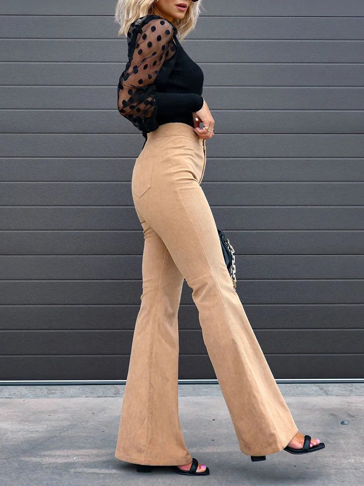 High Waist Corduroy Flared Trousers - Retro Style