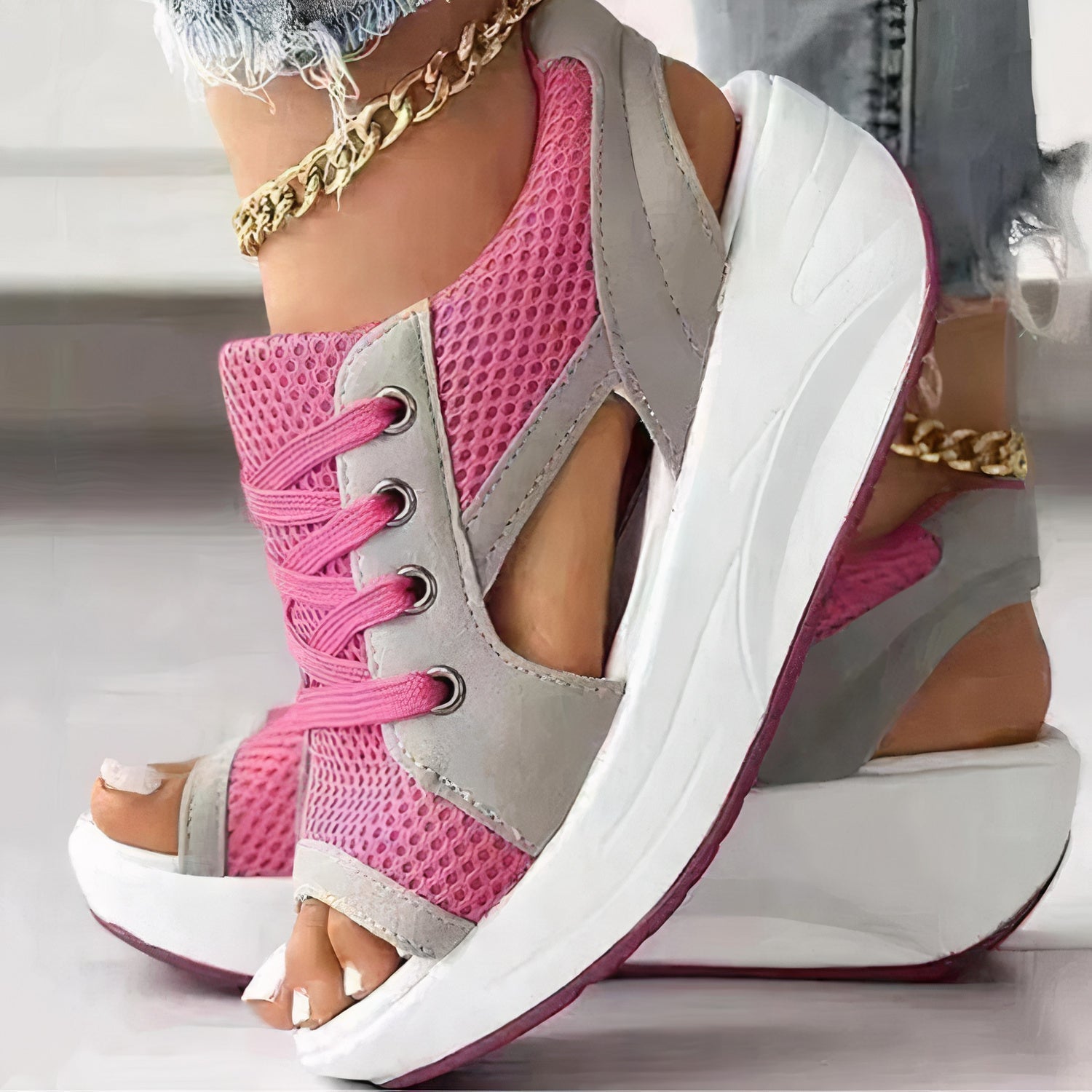 Sporty Wedge Heels - Lace-Up Design - Open Toe - Dalina Luo