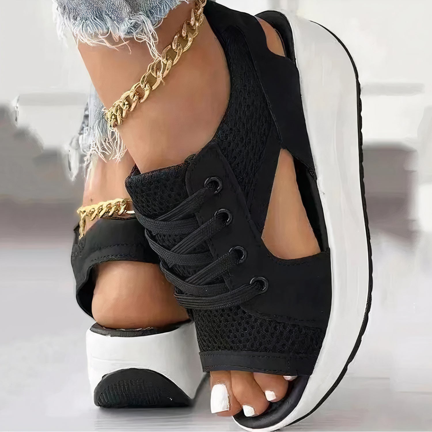 Sporty Wedge Heels - Lace-Up Design - Open Toe - Dalina Luo