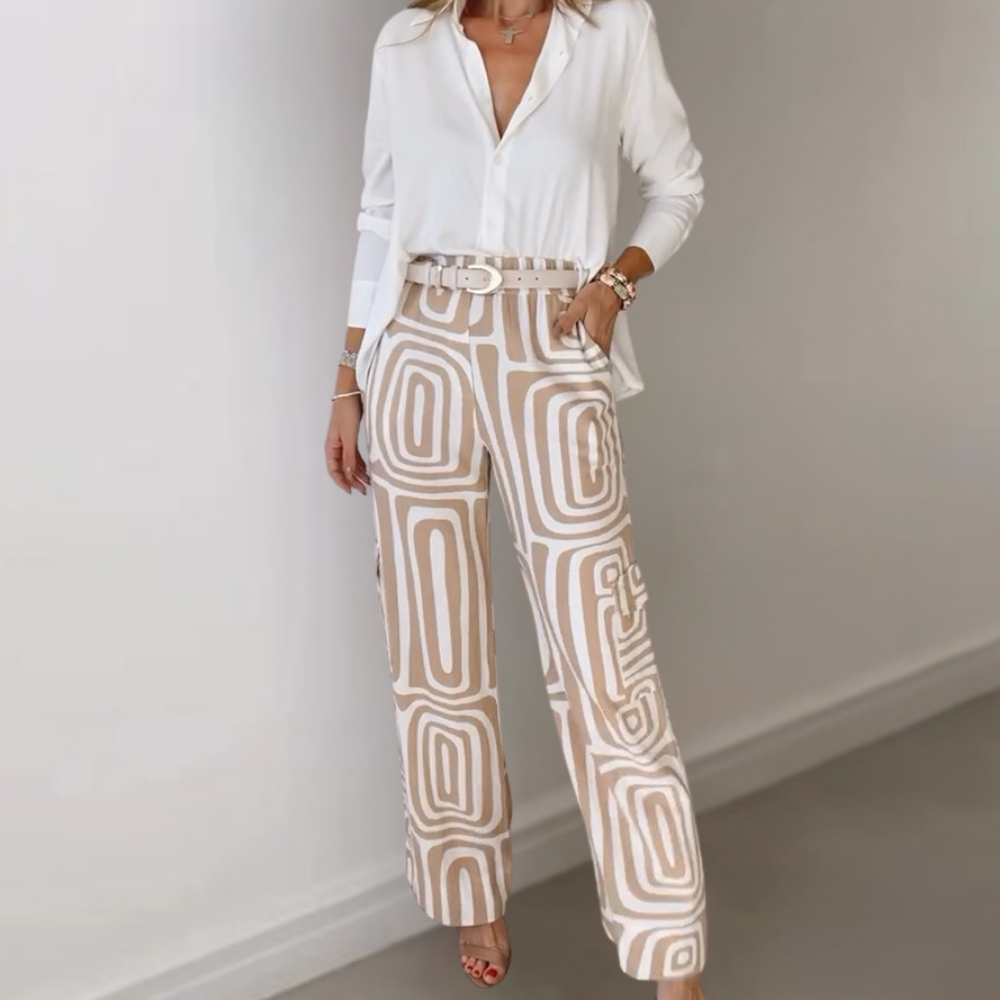 Stylish 2-Piece Outfit - White Blouse - Geometric Trousers
