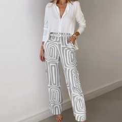 Stylish 2-Piece Outfit - White Blouse - Geometric Trousers