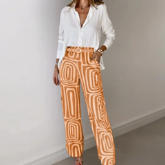 Stylish 2-Piece Outfit - White Blouse - Geometric Trousers