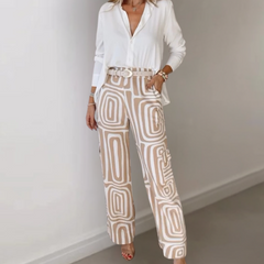 Stylish 2-Piece Outfit - White Blouse - Geometric Trousers