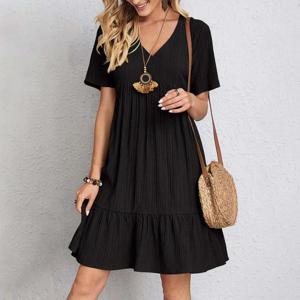 Ruffle V-neck Dress - Vintage Style