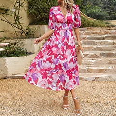 Midi Dress - Puff Sleeves - V-Neck