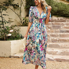 Midi Dress - Puff Sleeves - V-Neck