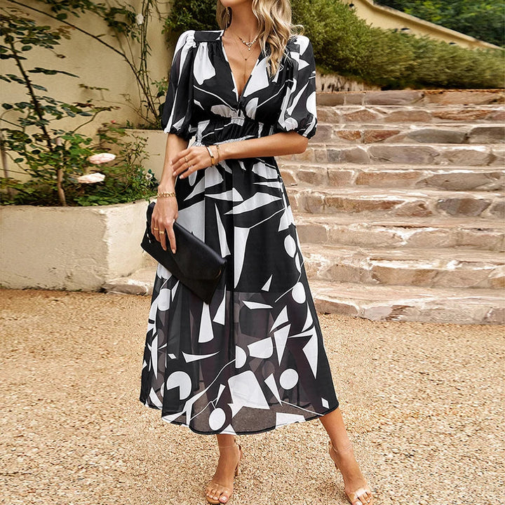 Midi Dress - Puff Sleeves - V-Neck